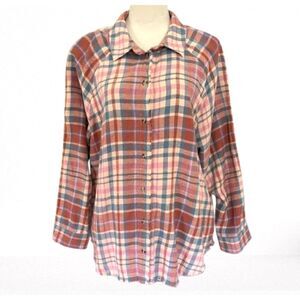 Lucky Brand Button-Down Orange Plaid Flannel Tunic Shirt Large